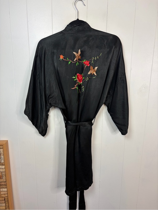 Vintage Other - Vintage Chinese Black Satin Kimono Robe Embroidered Birds Roses Lounge medium